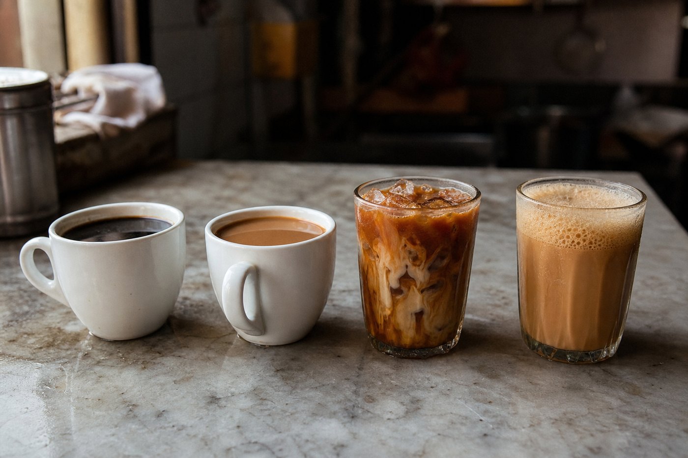 Kopi o, kopi, iced kopi and teh tarik lined up on the counter