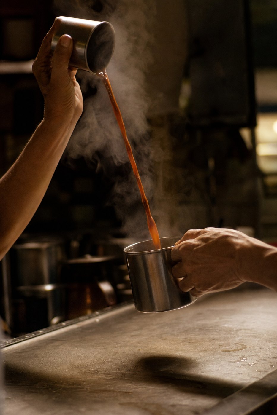 Coffee being pulled between two cups at a Singapore kopitiam